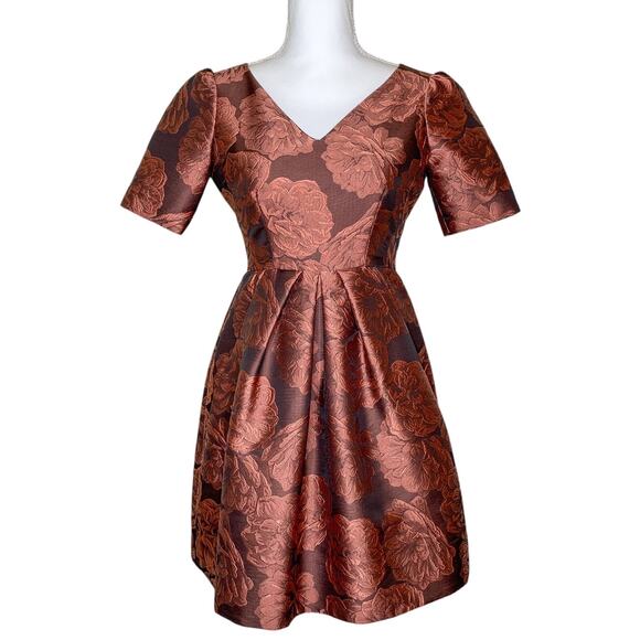 Gal Meets Glam Ingrid Rust Rose Floral Jacquard Pleated Fit & Flare Mini Dress - Picture 3 of 11